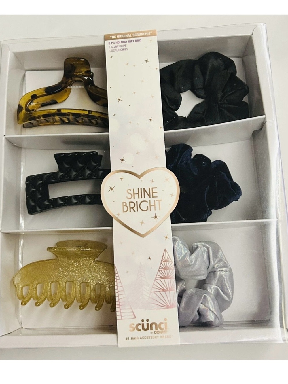 New Scunci 6 Piece Holiday Gift Box “Shine Bright” 3 Claw Clips 3 Scrunchies